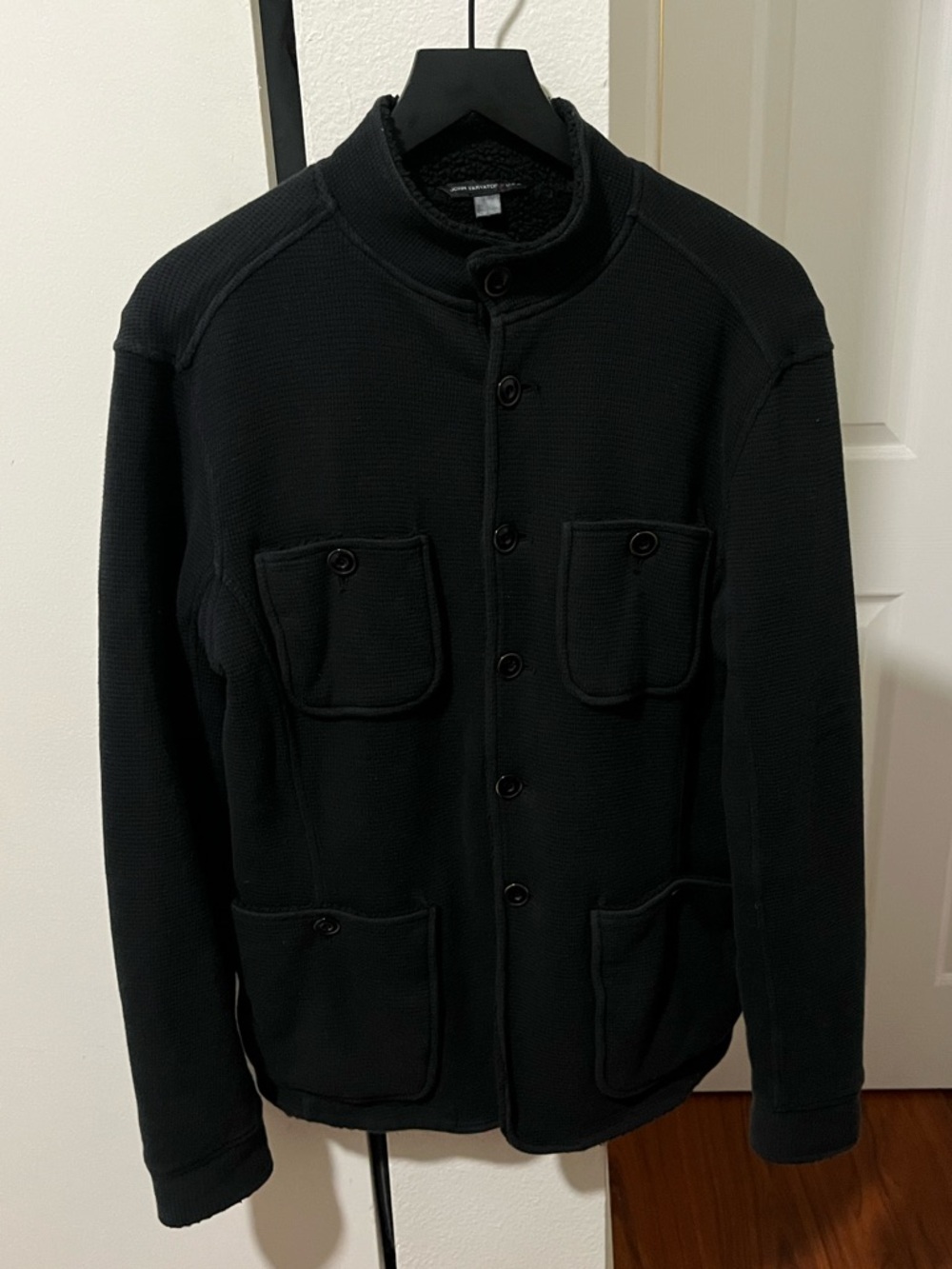 John Varvatos USA chore jacket in black textured waffle-knit and Sherpa Lining.
